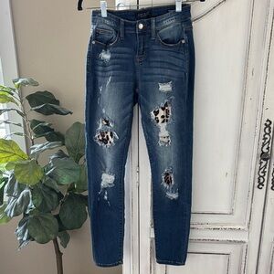 Judy Blue Skinny Fit Distressed Leopard Print Patch Blue Jeans, Size 1/25